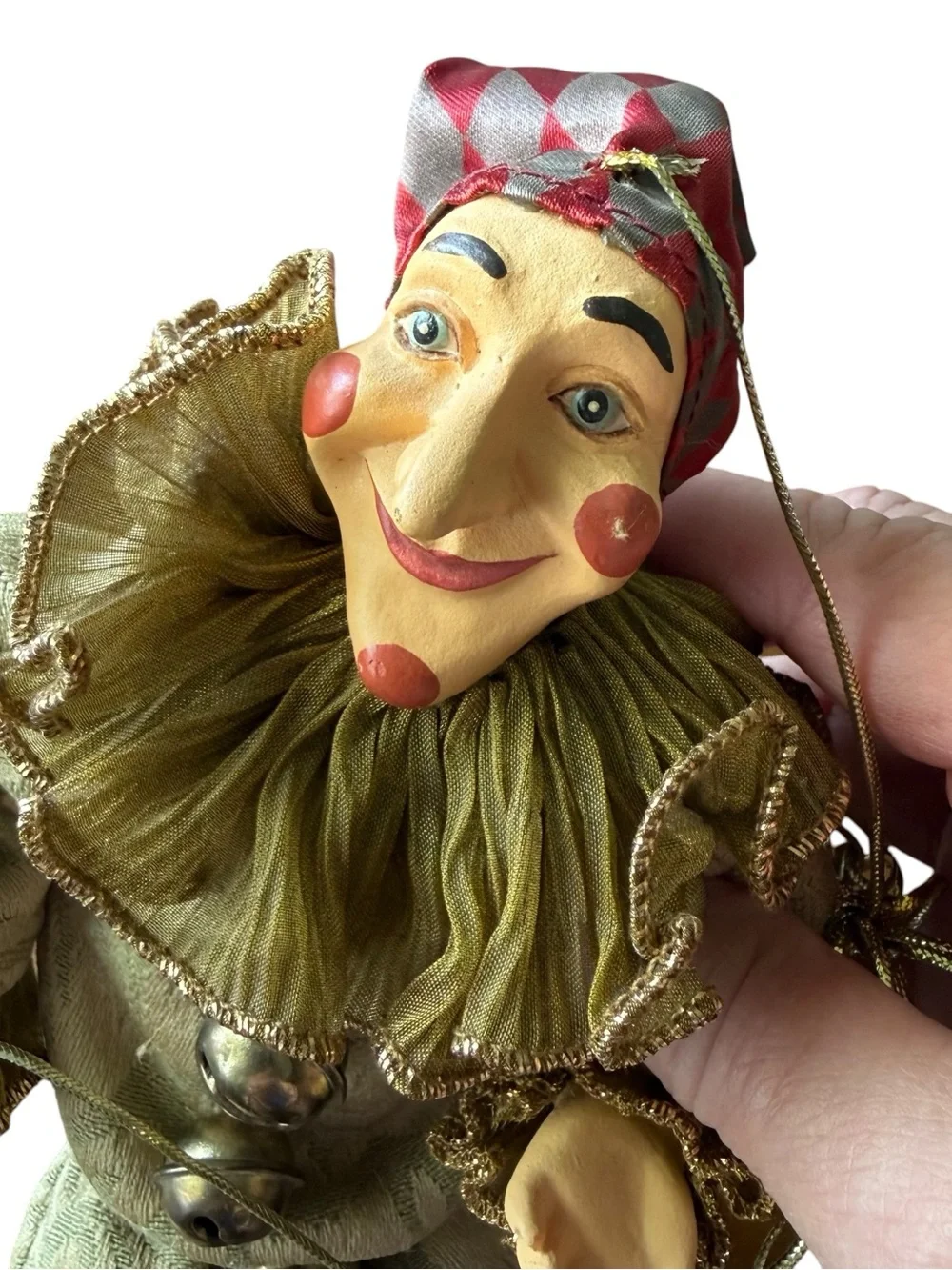 Vintage Mark Roberts Christmas Ornament Jester Marionette Green with Gold Trim